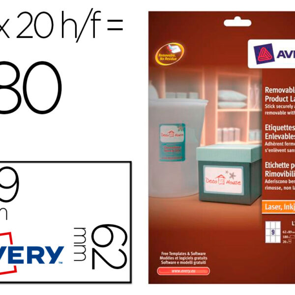 ETIQUETA ADESIVA AVERY REMOVIVEL PARA IMPRESSORA LASER INJEÇÃO DE TINTA E FOTOCOPIADORA BRANCA 62X89 MM