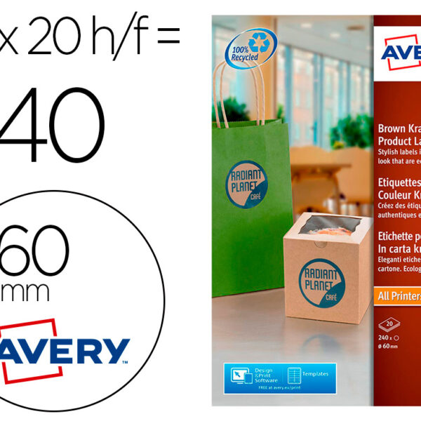 ETIQUETA ADESIVA AVERY KRAFT EFEITO CARTAO REDONDA 60 MM REMOVIVEL PARA LASER E TINTEIRO CAIXA DE 300 UNIDADES