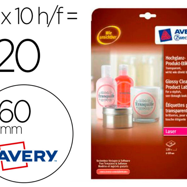 ETIQUETA ADESIVA AVERY BRILHANTE INVISIVEL REDONDA PARA IMPRESSORA LASER 60 MM CAIXA DE 120