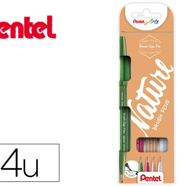 CANETA PINCEL PENTEL TOUCH EM BLISTER DE 4 CORES NATURE CINZA CLARO VERDE AZEITONA CASTANHO PALIDO E BUGUNDY