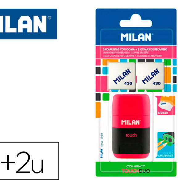 APARA LAPIS MILAN COMPACT TOUCH DUO PLASTICO 2 USOS COM BORRACHA + 2 RECARGAS DE BORRACHA