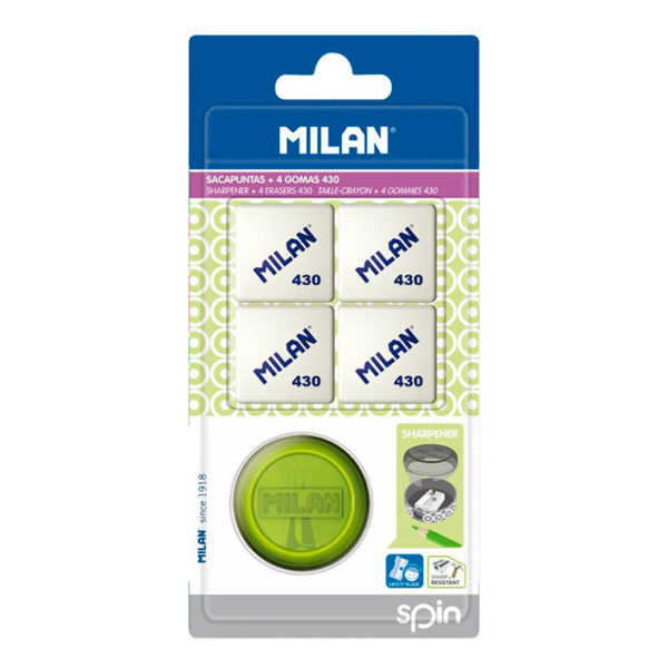 APARA LAPIS MILAN SPIN PLASTICO 1 USO + 4 BORRACHAS 430