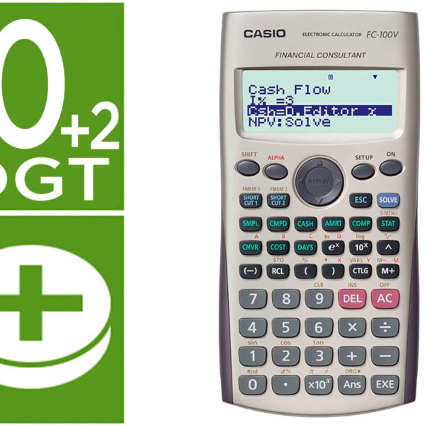 CALCULADORA CASIO FC-100V FINANCEIRA 4 LINHAS 10+2 DIGITOS ARMAZENAMENTO FLASH CALCULO DE IMPOSTOS COM CAPA COR CINZA