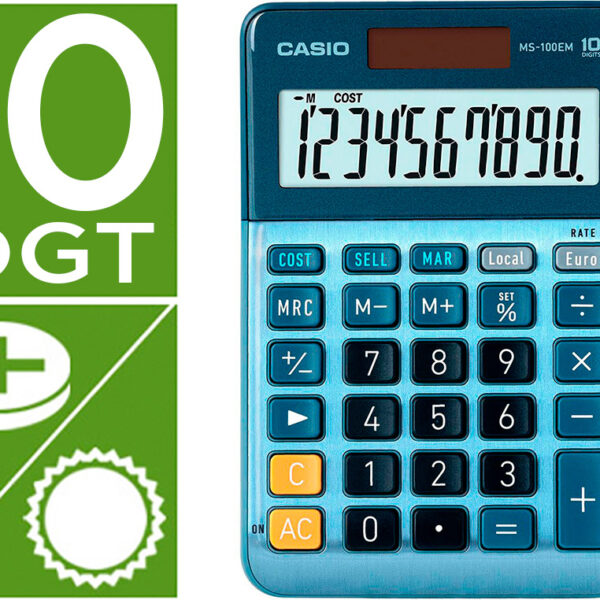 CALCULADORA CASIO MS-100EM SECRETARIA 10 DIGITOS TX +/- TECLA DUPLO ZERO COR AZUL