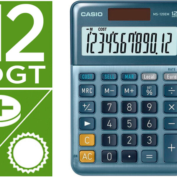 CALCULADORA CASIO MS-120EM SECRETARIA 12 DIGITOS TX +/- TECLA DUPLO ZERO COR AZUL