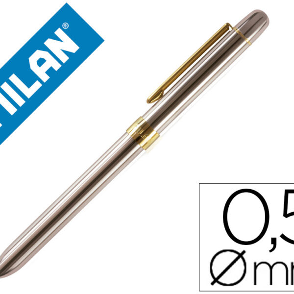 ESFEROGRAFICA MILAN CROMADA ADORNOS DOURADOS MULTIFUNCOES AZUL/VERMELHO/LAPISEIRA 0,5 MM/BORRACHA EM CAIXA DE METAL