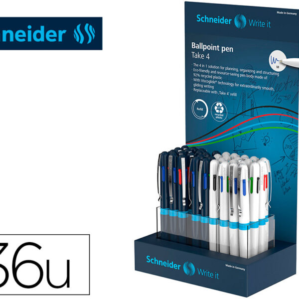 ESFEROGRAFICA SCHNEIDER TAKE 4 RECICLADO 92% QUATRO CORES EXPOSITOR DE 36 UNIDADES 160X100X305 MM