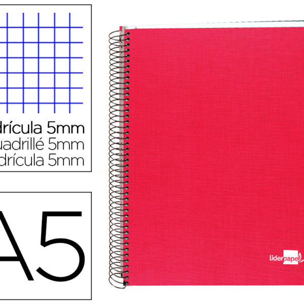CADERNO ESPIRAL LIDERPAPEL A5 MICRO PAPERCOAT CAPA FORRADA 140 F 75 GR QUADRICULA 5MM 5 BANDAS 6 FUROS VERMELHO