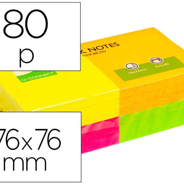 BLOCO DE NOTAS ADESIVAS Q-CONNECT SORTIDO 76 X 76 MM COM 80 FOLHAS PACK DE 12 EM 4 CORES
