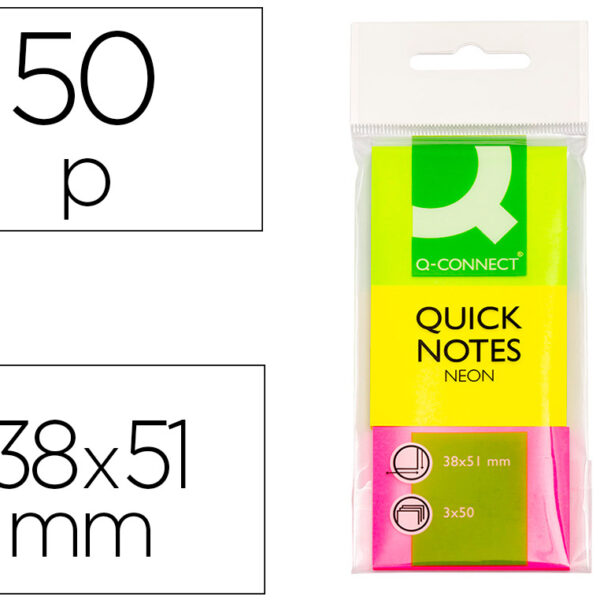 BLOCO DE NOTAS ADESIVAS Q-CONNECT FLUORESCENTE 38 X 51 MM PACK DE 3 UDS COM 50 FOLHAS POR COR