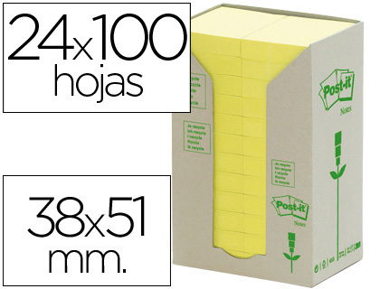 BLOCO DE NOTAS ADESIVAS POST-IT RECICLADAS EM TORRE 38 X 51 MM 24 BLOCOS