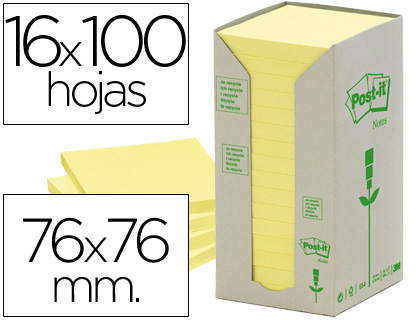 BLOCO DE NOTAS ADESIVAS POST-IT RECICLADAS EM TORRE 76 X 76 MM 16 BLOCOS