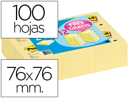 BLOCO DE NOTAS ADESIVAS TIRA E POE POST-IT 76X76MM -PACK PROMOCIONAL 24+12