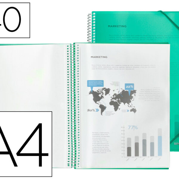 CAPA CATALOGO LIDERPAPEL COM ESPIRAL 40 BOLSAS POLIPROPILENO DIN A4 VERDE