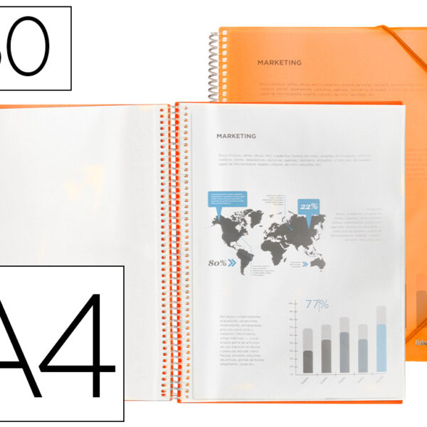 CAPA CATALOGO LIDERPAPEL COM ESPIRAL 60 BOLSAS POLIPROPILENO DIN A4 LARANJA