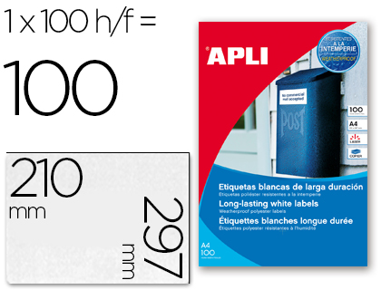 ETIQUETAS ADESIVAS APLI 12121 FORMATO 210X297 MM POLIESTER RESISTENTE A INTERPERIE IMPRESSAO LASER