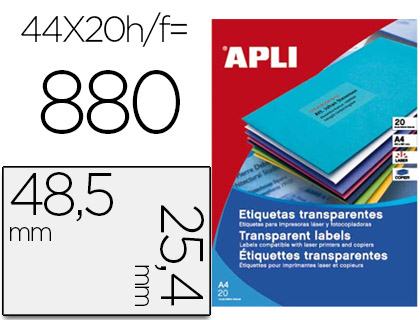 ETIQUETA ADESIVA APLI TRANSPARENTE 48,5X25,4 MM FOTOCOPIA LASER TINTEIRO CAIXA 20 FOLHAS DIN A4 COM 880 ETIQUETAS