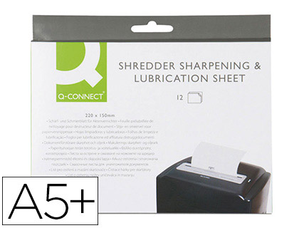 FOLHAS LUBRIFICANTES E AFIADORAS Q-CONNECT PARA DESTRUIDORA PACK DE 12 FOLHAS MEDIDAS 220X150MM