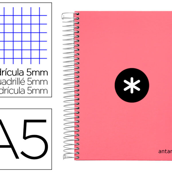 CADERNO ESPIRAL DIN A5 ANTARTIK CAPA FORRADA 120 F 100 GR QUADRICULA 5 MM 5 BANDAS DE CORES COR CORAL