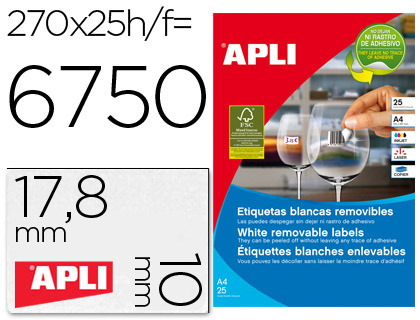 ETIQUETAS ADESIVAS APLI 10197 FORMATO 17,8X10 MM REMOVIVEL PARA FOTOCOPIA LASER TINTEIRO CAIXA 25 FOLHAS