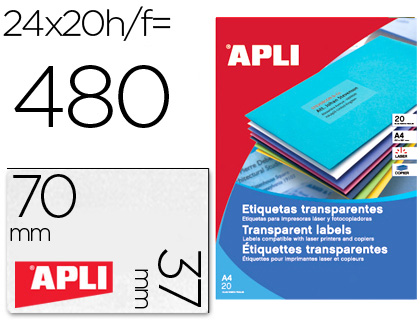 ETIQUETAS ADESIVAS APLI 1224 TRANSPARENTES FORMATO 70X37 MM PARA FOTOCOPIA LASER CAIXA 20 FOLHAS COM 480 ETIQUETAS