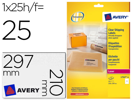 ETIQUETAS ADESIVAS AVERY DIN A4 IMPRIMIVEIS TRANSPARENTE 210X297 MM CAIXA DE 25 FOLHAS COM 25 ETIQUETAS