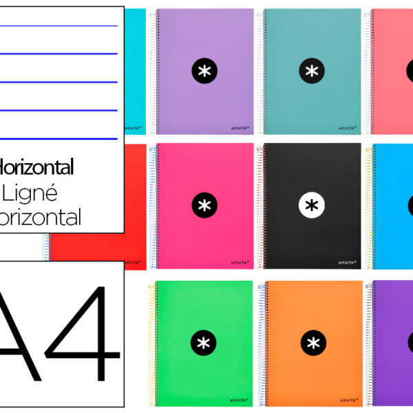 CADERNO ESPIRAL DIN A4 ANTARTIK CAPA FORRADA 120 F 100 GR PAUTADO 5 BANDAS DE CORES 4 FUROS CORES SORTIDAS