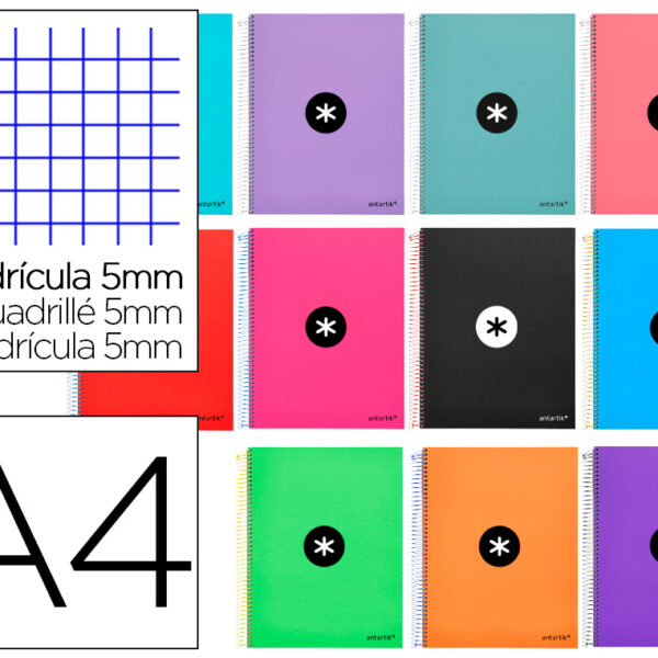 CADERNO ESPIRAL DIN A4 ANTARTIK CAPA FORRADA 120 F 100 GR QUADRICULA 5MM 5 BANDAS DE CORES CORES SORTIDAS