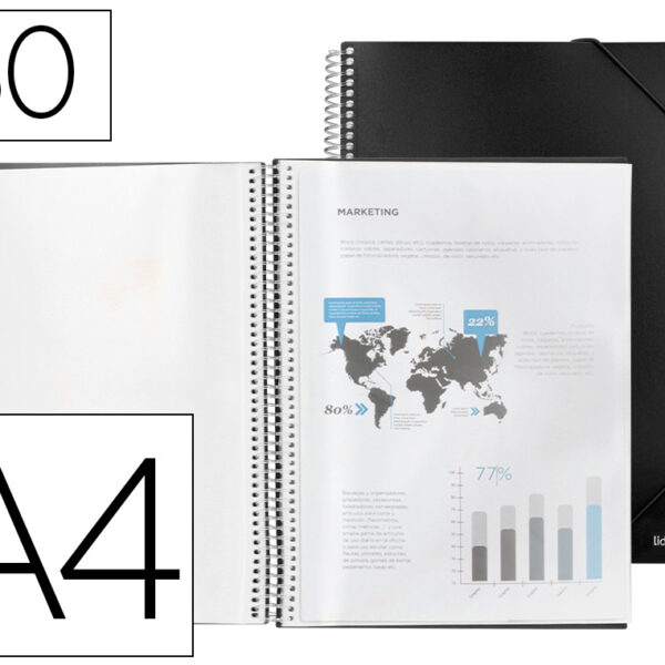 CAPA CATALOGO LIDERPAPEL COM ESPIRAL 50 BOLSAS POLIPROPILENO DIN A4 PRETO  - QT.1