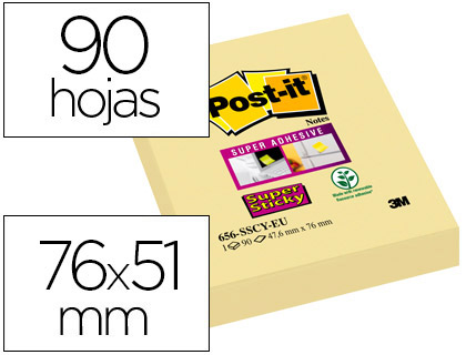 BLOCO DE NOTAS ADESIVAS SUPER STICKY 51X76 MM COM 90 FOLHAS656 AMARELO CANARIO