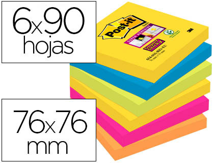 BLOCO DE NOTAS ADESIVAS POST-IT SUPER STICKY 76X76 MM COM 90 FOLHAS PACK DE 6 BLOCO CORES SORTIDAS COLECAO RIO DE JANEIR