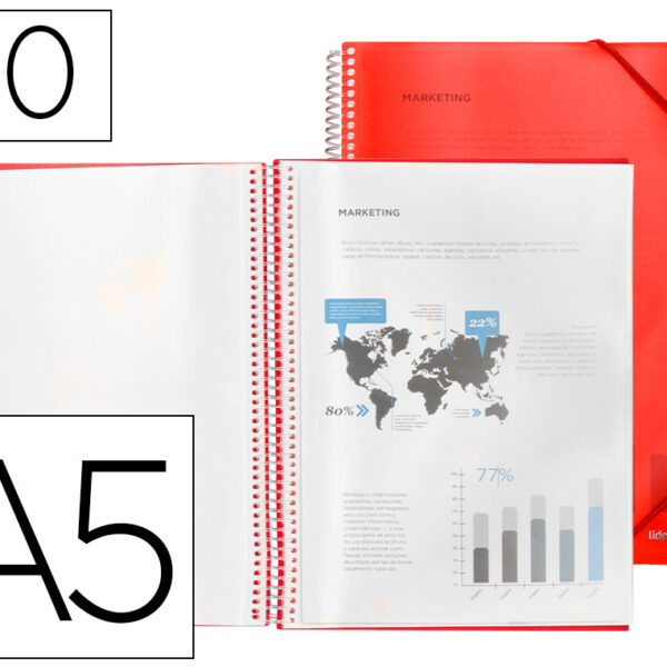 CAPA CATALOGO LIDERPAPEL COM ESPIRAL 20 BOLSAS POLIPROPILENO DIN A5 VERMELHA