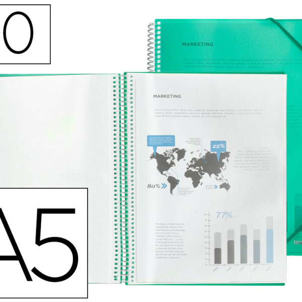 CAPA CATALOGO LIDERPAPEL COM ESPIRAL 20 BOLSAS POLIPROPILENO DIN A5 VERDE