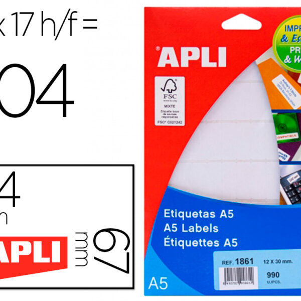 ETIQUETA ADHESIVA APLI BLANCA 12X30 MM SOBRE A5 DE 990 UNIDADES