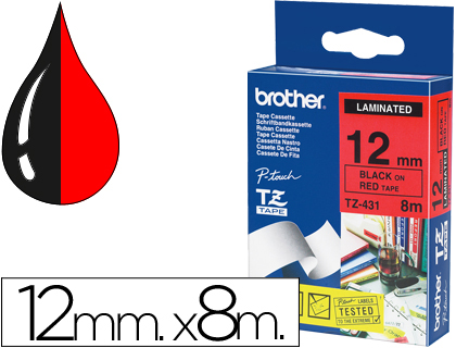 FITA BROTHER TZ-431 LAMINADA VERMELHO-PRETO 12MM X 8M