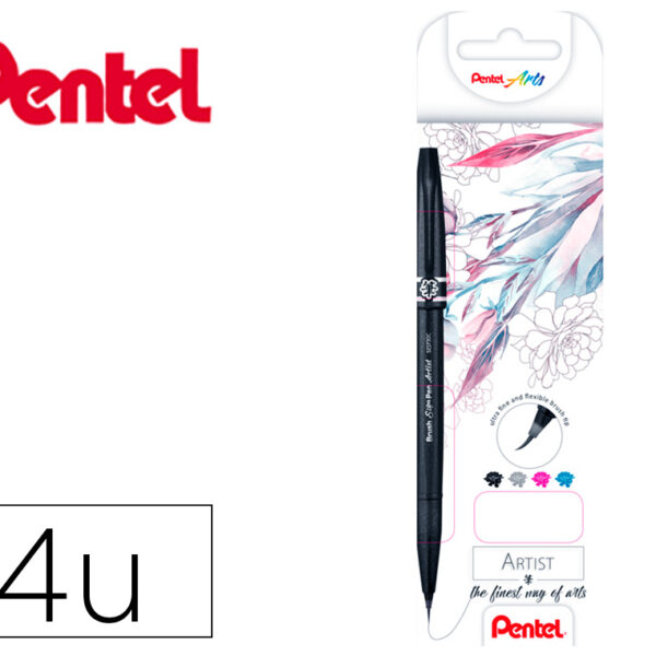 CANETA PINCEL PENTEL ARTIST EM BLISTER DE 4 CORES PRETO CINZA, AZUL CEU E ROSA