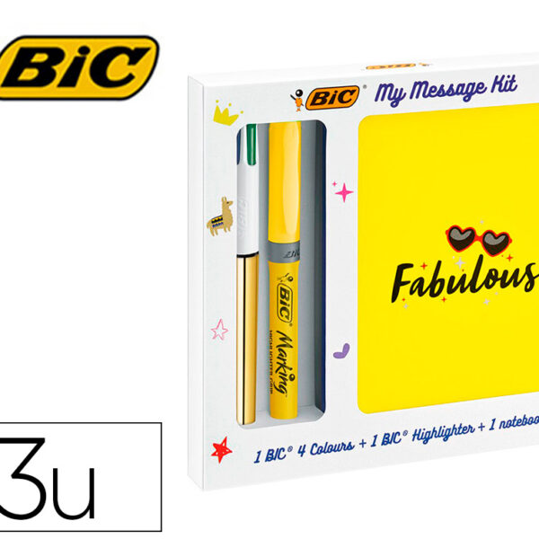 SET ESCRITA BIC 1 QUATRO CORES SHINE + 1 FLUOR GRIP PASTEL + 1 NOTEBOOK