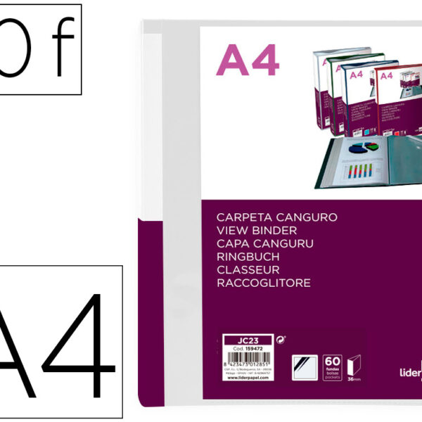 PASTA CANGURU LIDERPAPEL 60 BOLSAS POLIPROPILENO DIN A4 TRANSPARENTE CAPA E LOMBADA PERSONALIZAVEL