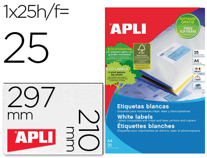 ETIQUETAS ADESIVAS APLI 1215 FORMATO 210X297 MM PARA FOTOCOPIA LASER TINTEIRO CAIXA COM 25 FOLHAS COM 25
